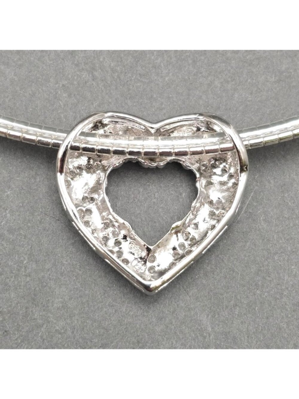 Sterling Silver Omega Chain Choker White Diamond Heart Pendant Necklace - Picture 5 of 16